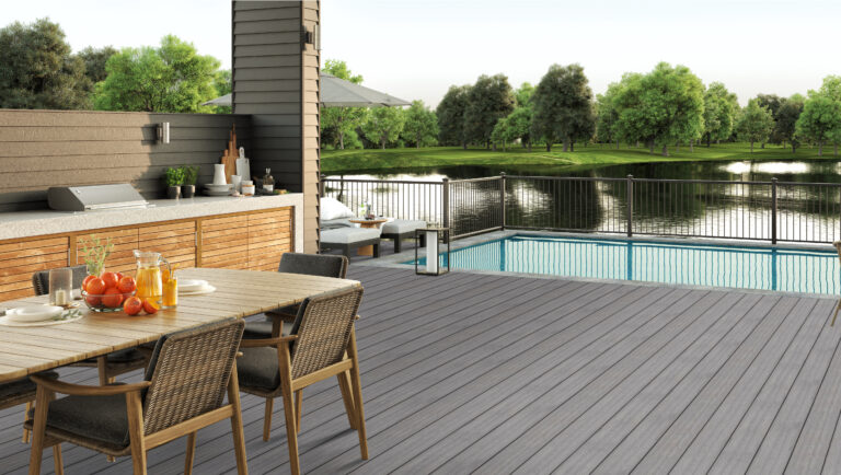 An Envision composite deck with Alpine Fog from the Ridge Premium Collection.
