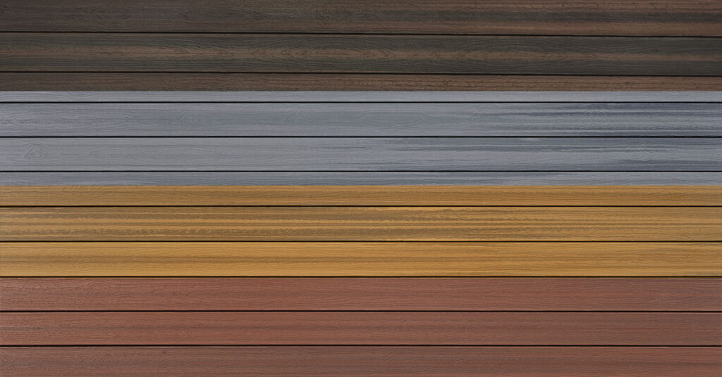 A collection of Envision composite deck board swatches.