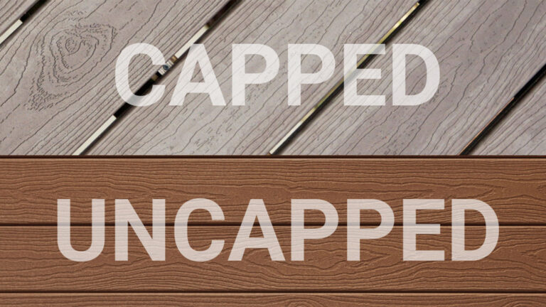 A comparison photo of capped and uncapped composite decking.