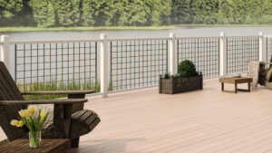 Outdoor living space with deck railing featuring a woven aluminum (similar to mesh) infill.