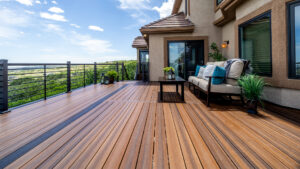 Outdoor living space with composite decking and deck railing.