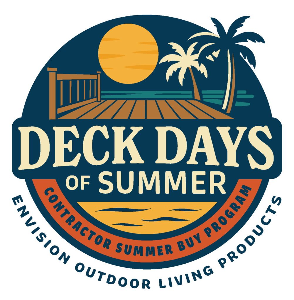 Logo for “Deck Days of Summer,” a contractor program by Envision Outdoor Living Products, featuring a sunset, palm trees, and a deck scene.