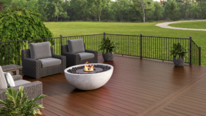 Outdoor living space with modern aluminum railing and composite decking.